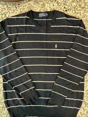 Polo by Ralph Lauren Navy V-Neck Sweater with Cream Stripes